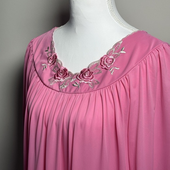 Shadowline Other - Vintage Shadowline Pink Nylon Modest Nightgown Embroidered Neckline USA Sz S